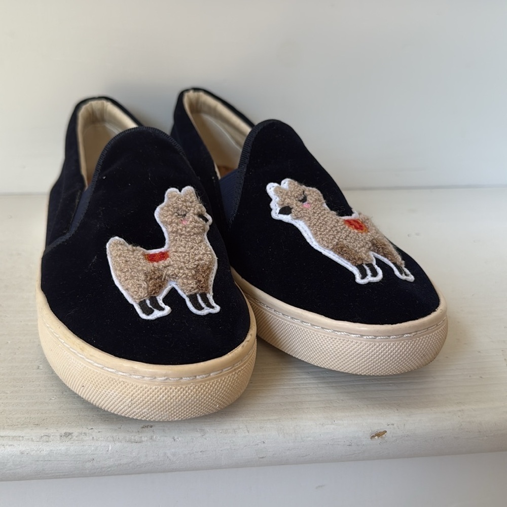 Anthropologie Soludos Kissing Llama Navy Blue Velvet Sneakers Size 7.5 - Picture 7 of 8